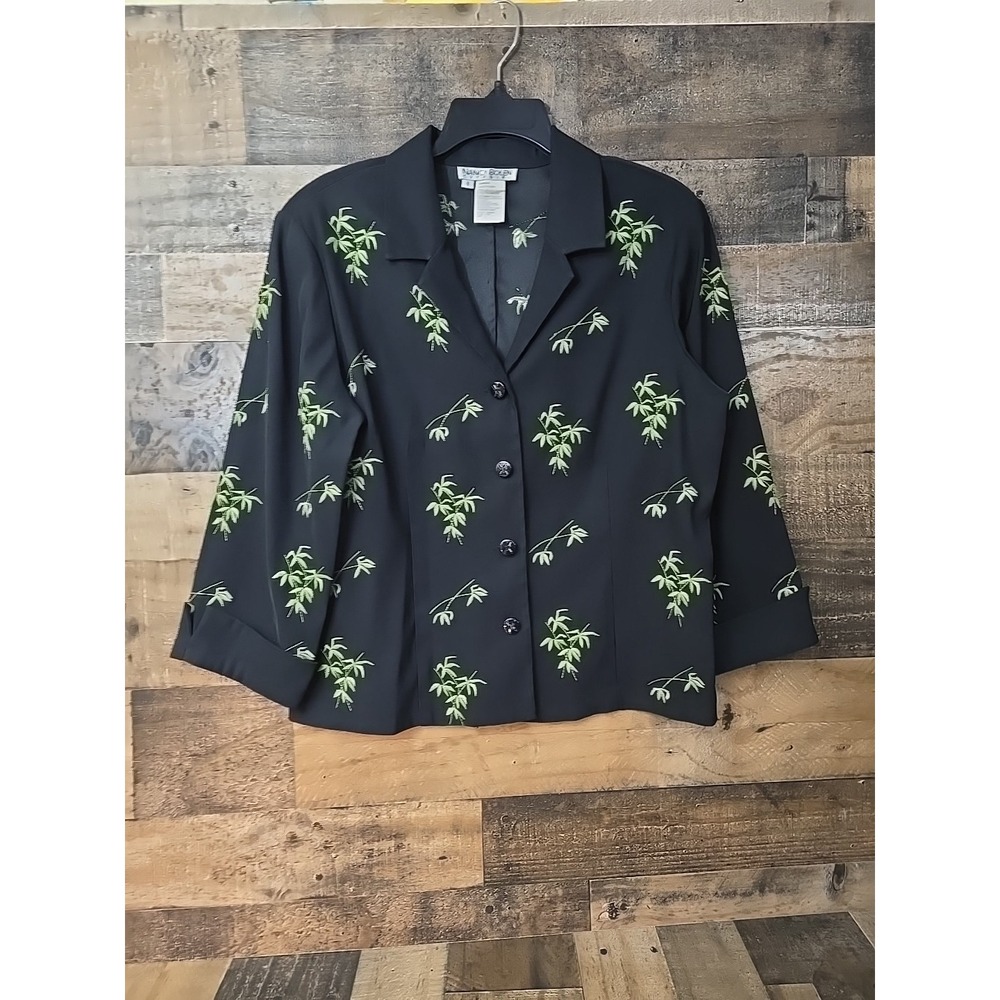 Nancy Bolen City Girl Black Embroidered Jacket  Palm Leaves Preppy Women 8 VTG